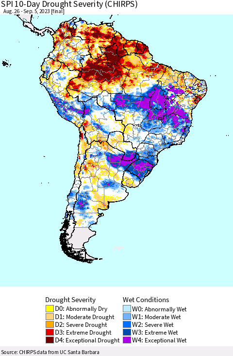 South America SPI 10-Day Drought Severity (CHIRPS) Thematic Map For 8/26/2023 - 9/5/2023