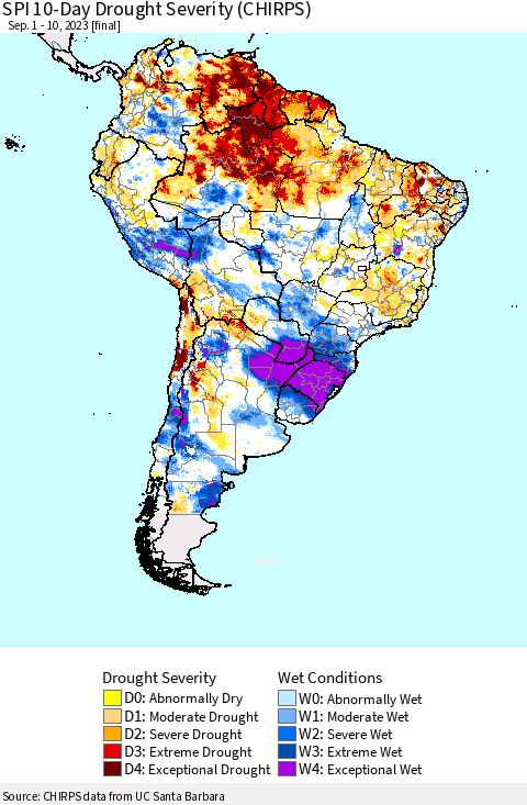 South America SPI 10-Day Drought Severity (CHIRPS) Thematic Map For 9/1/2023 - 9/10/2023