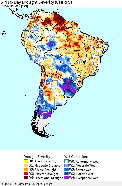 South America SPI 10-Day Drought Severity (CHIRPS) Thematic Map For 9/6/2023 - 9/15/2023