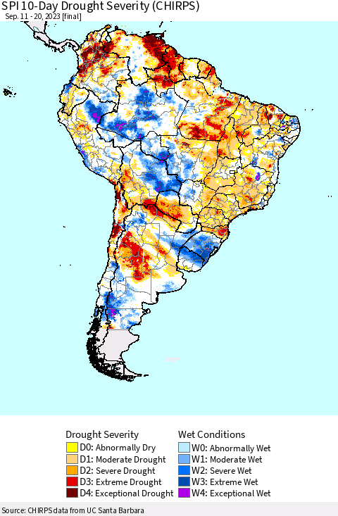 South America SPI 10-Day Drought Severity (CHIRPS) Thematic Map For 9/11/2023 - 9/20/2023