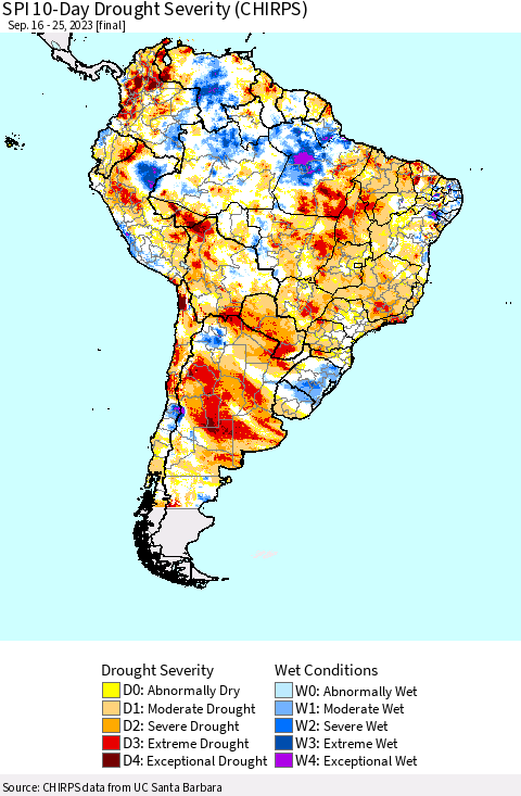 South America SPI 10-Day Drought Severity (CHIRPS) Thematic Map For 9/16/2023 - 9/25/2023