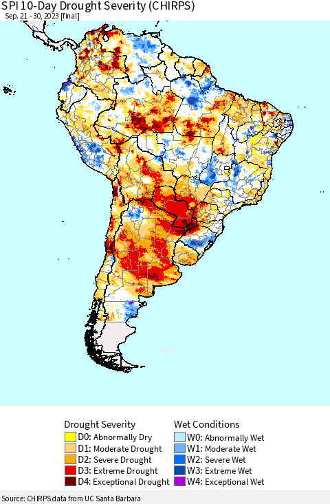 South America SPI 10-Day Drought Severity (CHIRPS) Thematic Map For 9/21/2023 - 9/30/2023