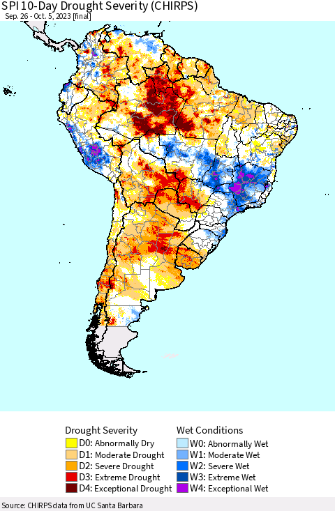 South America SPI 10-Day Drought Severity (CHIRPS) Thematic Map For 9/26/2023 - 10/5/2023