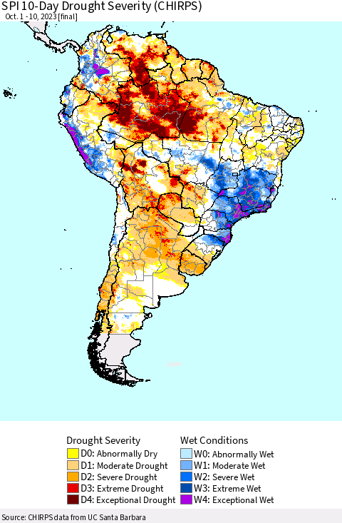 South America SPI 10-Day Drought Severity (CHIRPS) Thematic Map For 10/1/2023 - 10/10/2023