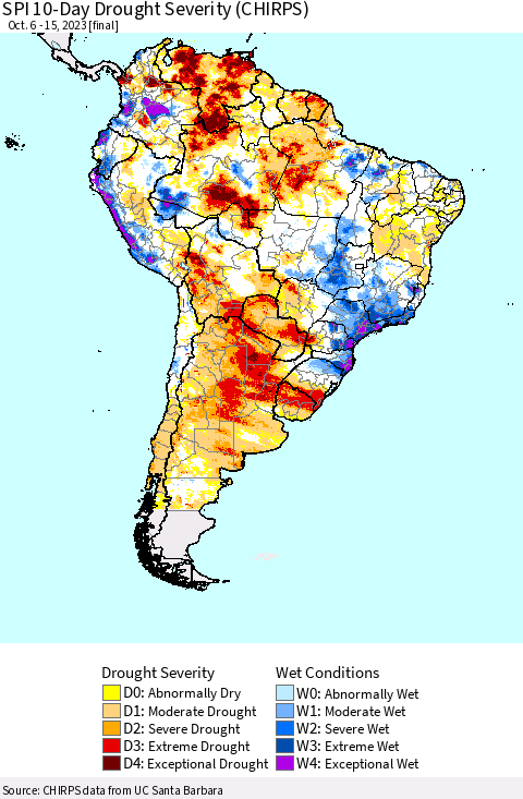 South America SPI 10-Day Drought Severity (CHIRPS) Thematic Map For 10/6/2023 - 10/15/2023