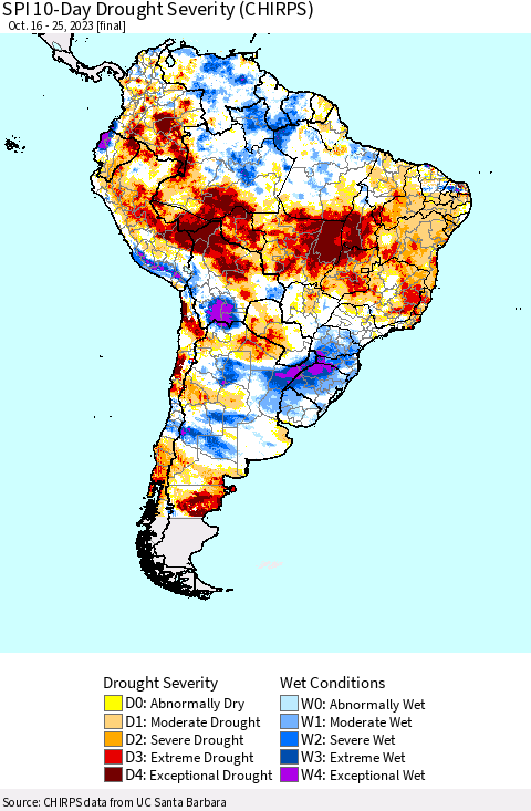 South America SPI 10-Day Drought Severity (CHIRPS) Thematic Map For 10/16/2023 - 10/25/2023