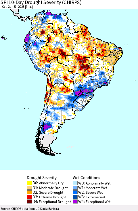 South America SPI 10-Day Drought Severity (CHIRPS) Thematic Map For 10/21/2023 - 10/31/2023