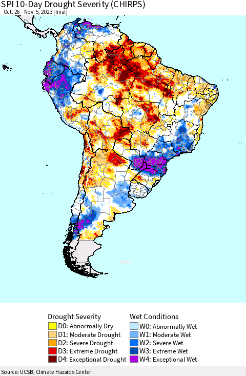 South America SPI 10-Day Drought Severity (CHIRPS) Thematic Map For 10/26/2023 - 11/5/2023