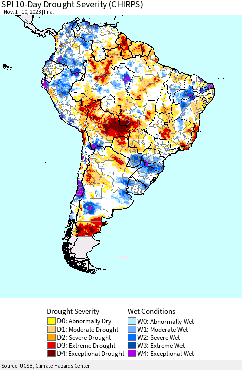 South America SPI 10-Day Drought Severity (CHIRPS) Thematic Map For 11/1/2023 - 11/10/2023