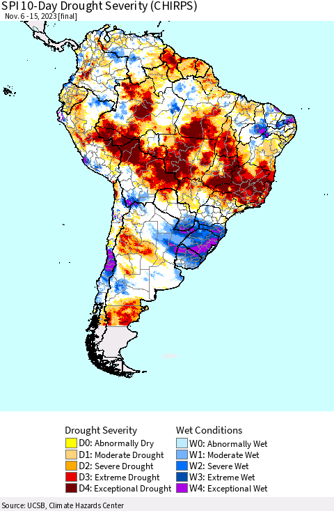 South America SPI 10-Day Drought Severity (CHIRPS) Thematic Map For 11/6/2023 - 11/15/2023