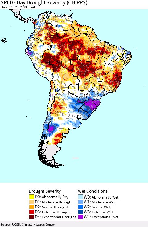 South America SPI 10-Day Drought Severity (CHIRPS) Thematic Map For 11/11/2023 - 11/20/2023