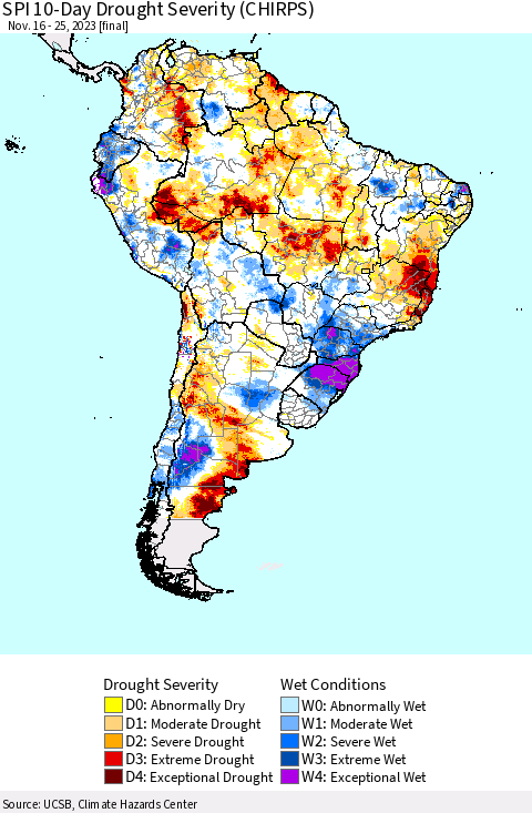 South America SPI 10-Day Drought Severity (CHIRPS) Thematic Map For 11/16/2023 - 11/25/2023