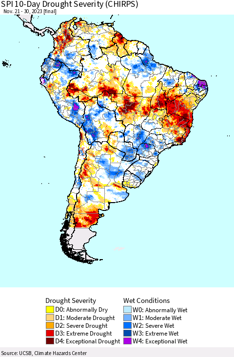 South America SPI 10-Day Drought Severity (CHIRPS) Thematic Map For 11/21/2023 - 11/30/2023