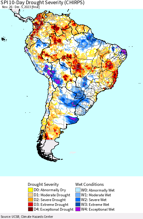 South America SPI 10-Day Drought Severity (CHIRPS) Thematic Map For 11/26/2023 - 12/5/2023