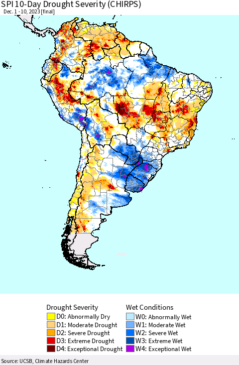 South America SPI 10-Day Drought Severity (CHIRPS) Thematic Map For 12/1/2023 - 12/10/2023
