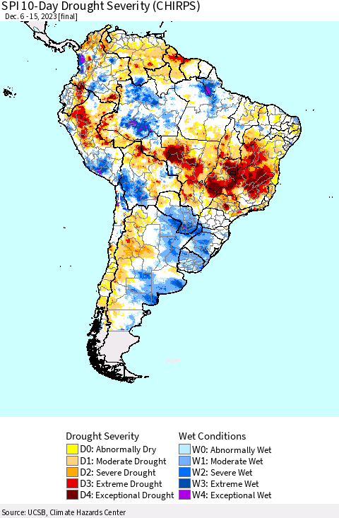 South America SPI 10-Day Drought Severity (CHIRPS) Thematic Map For 12/6/2023 - 12/15/2023
