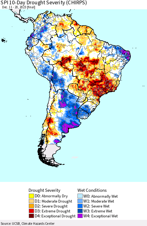 South America SPI 10-Day Drought Severity (CHIRPS) Thematic Map For 12/11/2023 - 12/20/2023
