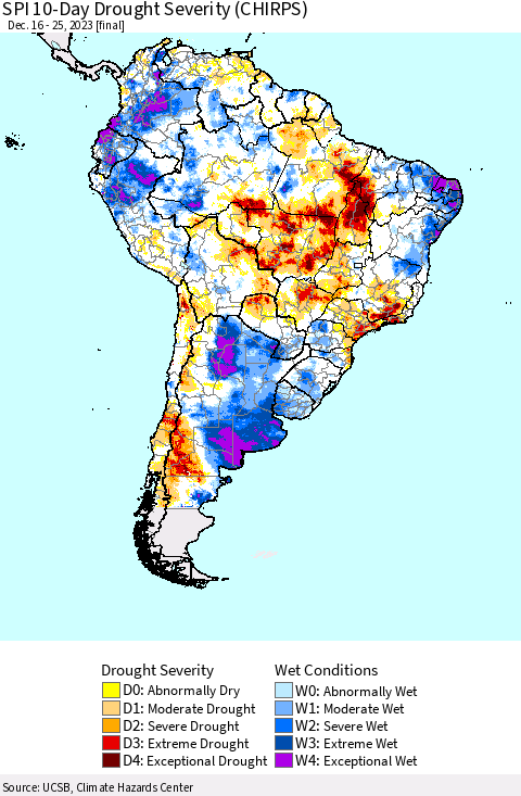 South America SPI 10-Day Drought Severity (CHIRPS) Thematic Map For 12/16/2023 - 12/25/2023
