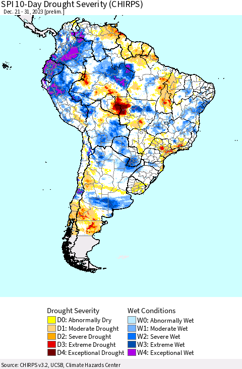 South America SPI 10-Day Drought Severity (CHIRPS) Thematic Map For 12/21/2023 - 12/31/2023