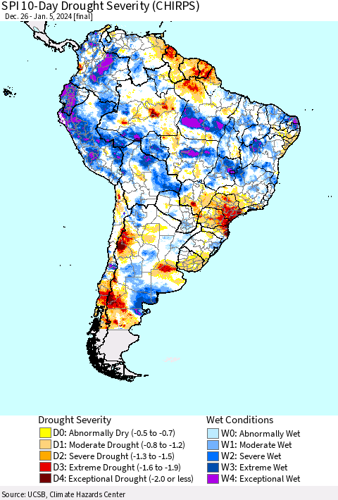 South America SPI 10-Day Drought Severity (CHIRPS) Thematic Map For 12/26/2023 - 1/5/2024