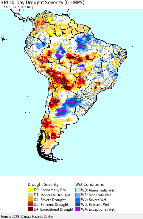 South America SPI 10-Day Drought Severity (CHIRPS) Thematic Map For 1/6/2024 - 1/15/2024