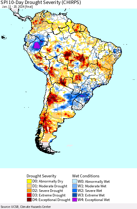 South America SPI 10-Day Drought Severity (CHIRPS) Thematic Map For 1/11/2024 - 1/20/2024