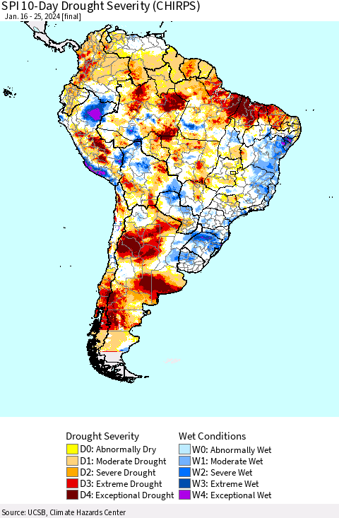 South America SPI 10-Day Drought Severity (CHIRPS) Thematic Map For 1/16/2024 - 1/25/2024
