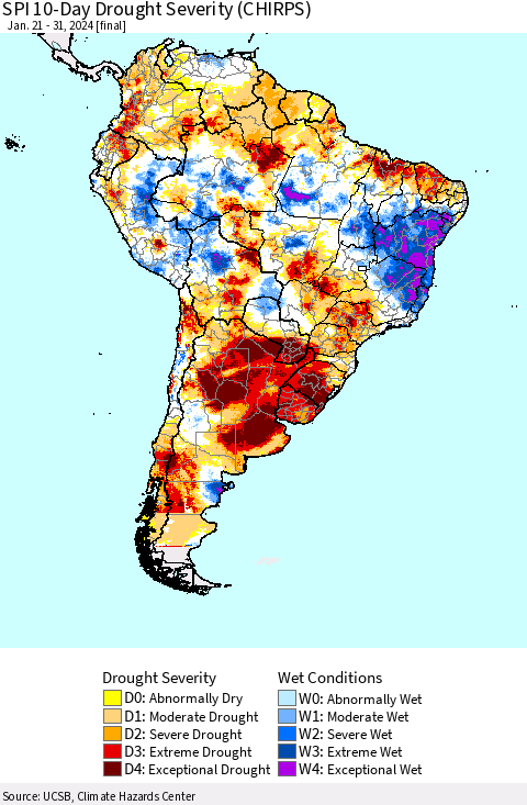 South America SPI 10-Day Drought Severity (CHIRPS) Thematic Map For 1/21/2024 - 1/31/2024