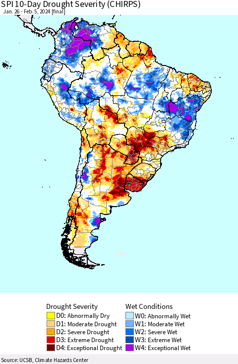 South America SPI 10-Day Drought Severity (CHIRPS) Thematic Map For 1/26/2024 - 2/5/2024