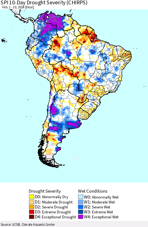 South America SPI 10-Day Drought Severity (CHIRPS) Thematic Map For 2/1/2024 - 2/10/2024