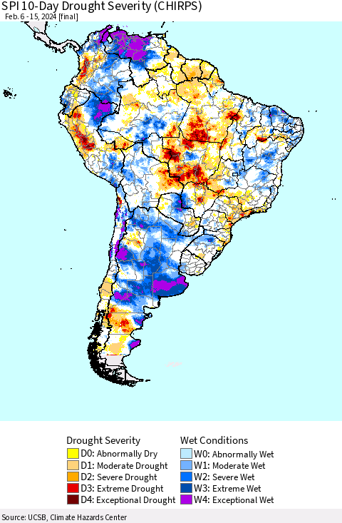 South America SPI 10-Day Drought Severity (CHIRPS) Thematic Map For 2/6/2024 - 2/15/2024