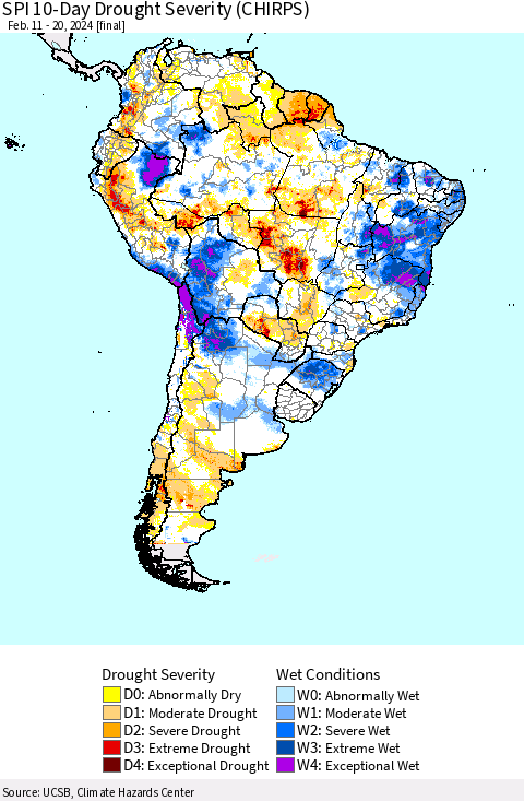 South America SPI 10-Day Drought Severity (CHIRPS) Thematic Map For 2/11/2024 - 2/20/2024