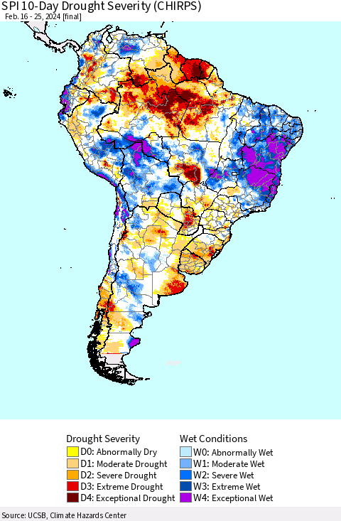 South America SPI 10-Day Drought Severity (CHIRPS) Thematic Map For 2/16/2024 - 2/25/2024