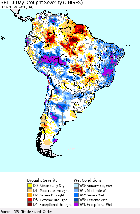 South America SPI 10-Day Drought Severity (CHIRPS) Thematic Map For 2/21/2024 - 2/29/2024