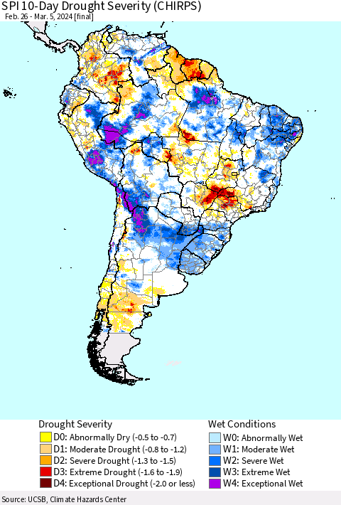 South America SPI 10-Day Drought Severity (CHIRPS) Thematic Map For 2/26/2024 - 3/5/2024