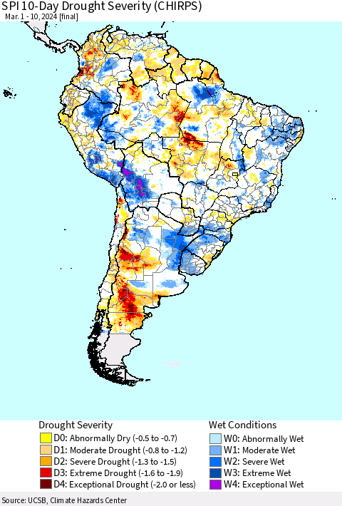 South America SPI 10-Day Drought Severity (CHIRPS) Thematic Map For 3/1/2024 - 3/10/2024