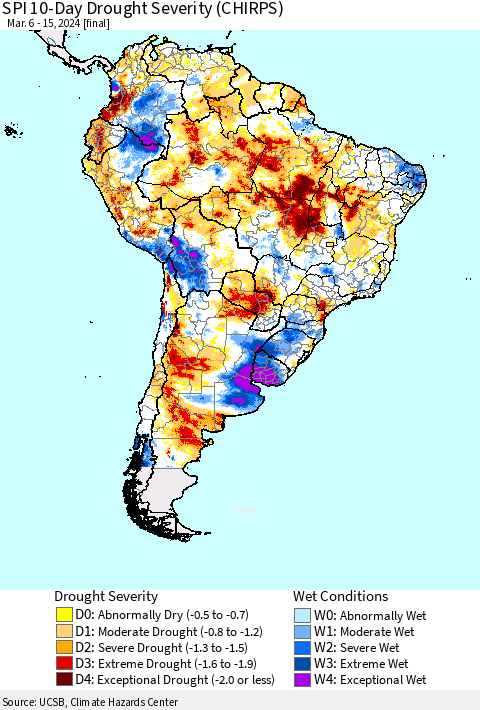South America SPI 10-Day Drought Severity (CHIRPS) Thematic Map For 3/6/2024 - 3/15/2024