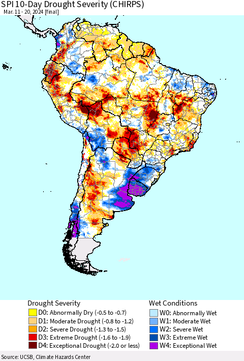 South America SPI 10-Day Drought Severity (CHIRPS) Thematic Map For 3/11/2024 - 3/20/2024