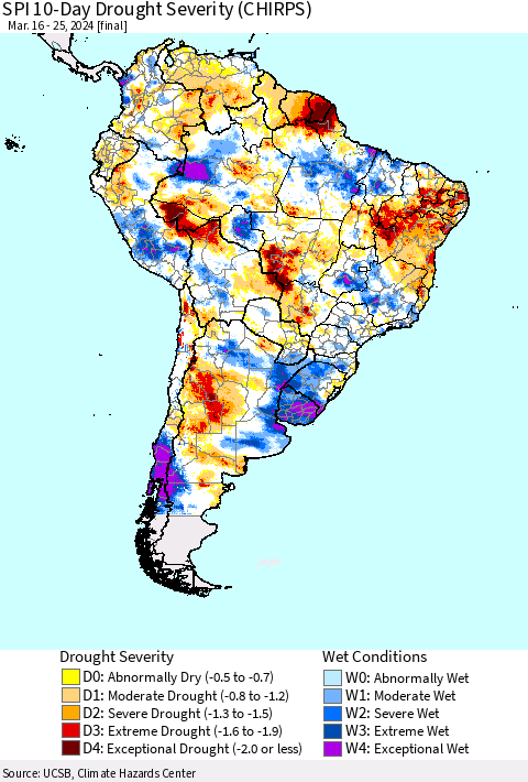 South America SPI 10-Day Drought Severity (CHIRPS) Thematic Map For 3/16/2024 - 3/25/2024