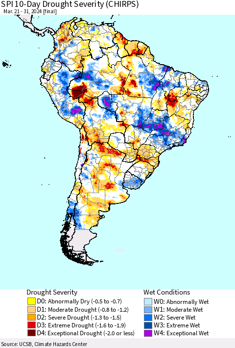 South America SPI 10-Day Drought Severity (CHIRPS) Thematic Map For 3/21/2024 - 3/31/2024