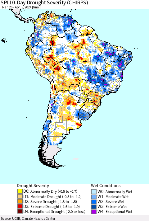 South America SPI 10-Day Drought Severity (CHIRPS) Thematic Map For 3/26/2024 - 4/5/2024