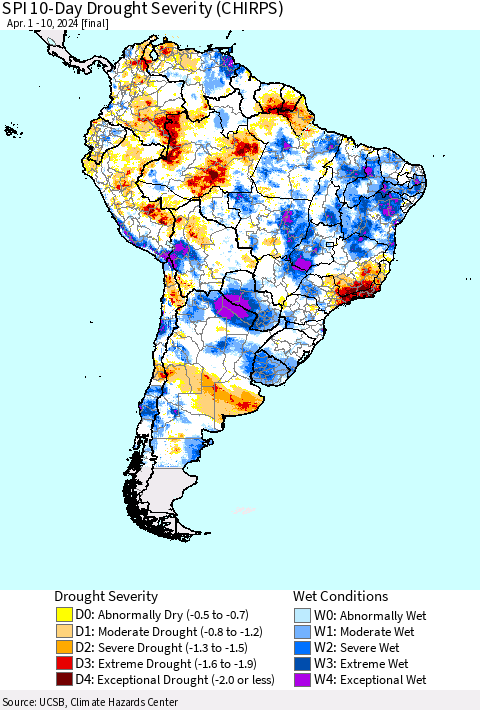 South America SPI 10-Day Drought Severity (CHIRPS) Thematic Map For 4/1/2024 - 4/10/2024