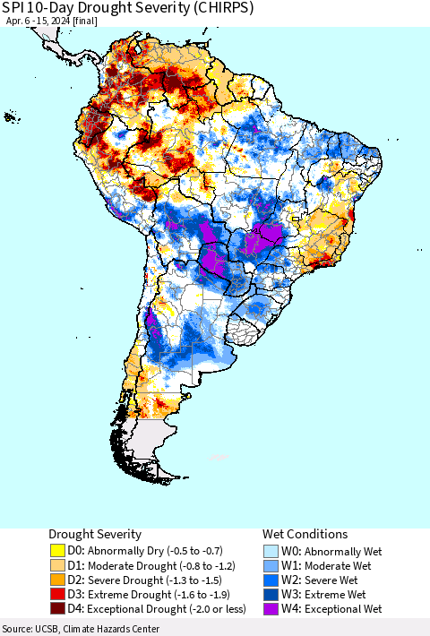 South America SPI 10-Day Drought Severity (CHIRPS) Thematic Map For 4/6/2024 - 4/15/2024