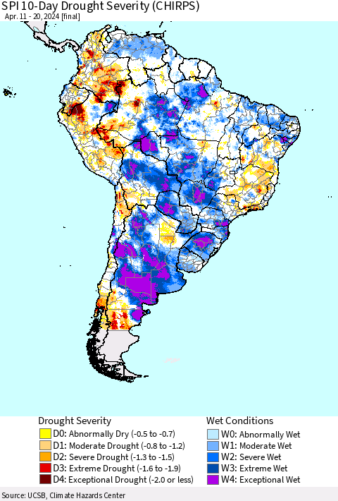 South America SPI 10-Day Drought Severity (CHIRPS) Thematic Map For 4/11/2024 - 4/20/2024