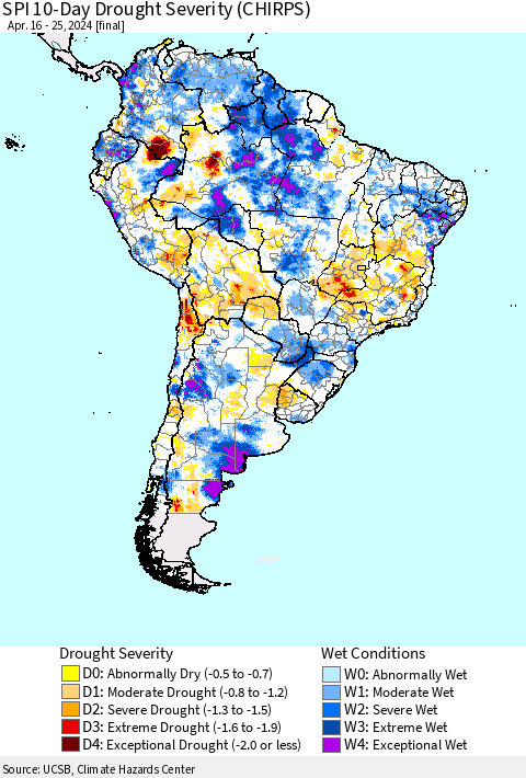 South America SPI 10-Day Drought Severity (CHIRPS) Thematic Map For 4/16/2024 - 4/25/2024