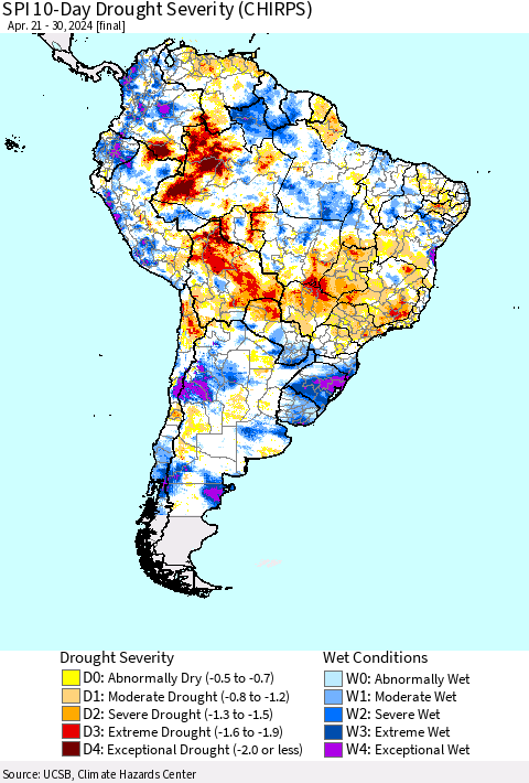 South America SPI 10-Day Drought Severity (CHIRPS) Thematic Map For 4/21/2024 - 4/30/2024