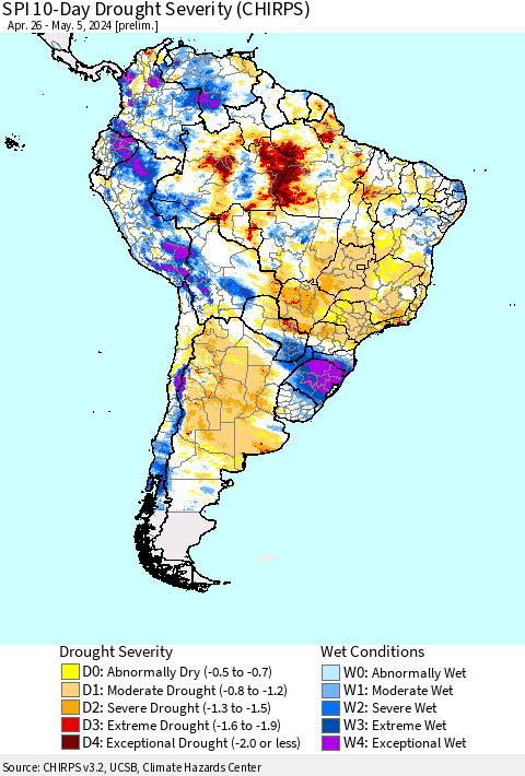 South America SPI 10-Day Drought Severity (CHIRPS) Thematic Map For 4/26/2024 - 5/5/2024