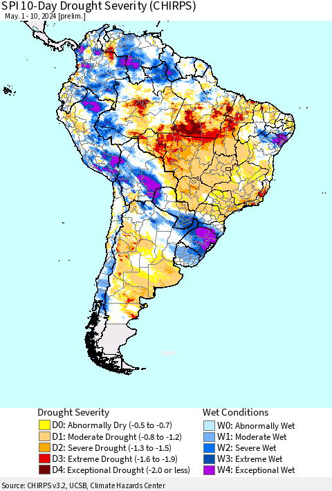 South America SPI 10-Day Drought Severity (CHIRPS) Thematic Map For 5/1/2024 - 5/10/2024