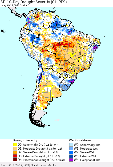 South America SPI 10-Day Drought Severity (CHIRPS) Thematic Map For 5/6/2024 - 5/15/2024