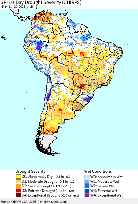 South America SPI 10-Day Drought Severity (CHIRPS) Thematic Map For 5/11/2024 - 5/20/2024